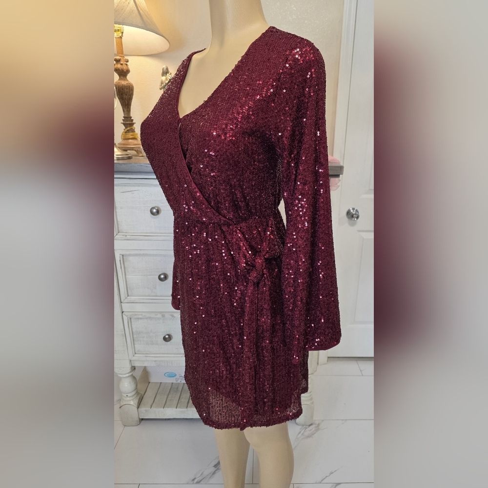 Maurices Burgundy Sequin Wrap Mini Dress - Picture 3 of 8
